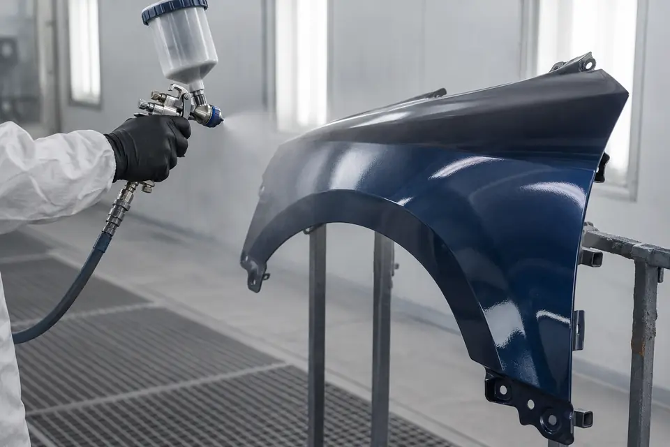 Illustration of an automotive panel being spray painted