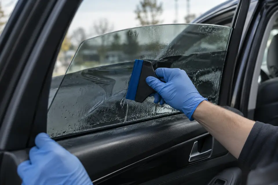 Illustration of window film being applied to a vehicle