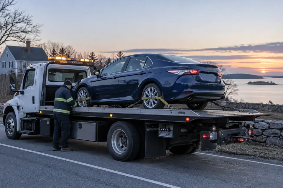 Illustration of a sedan secured on a flatbed tow truck