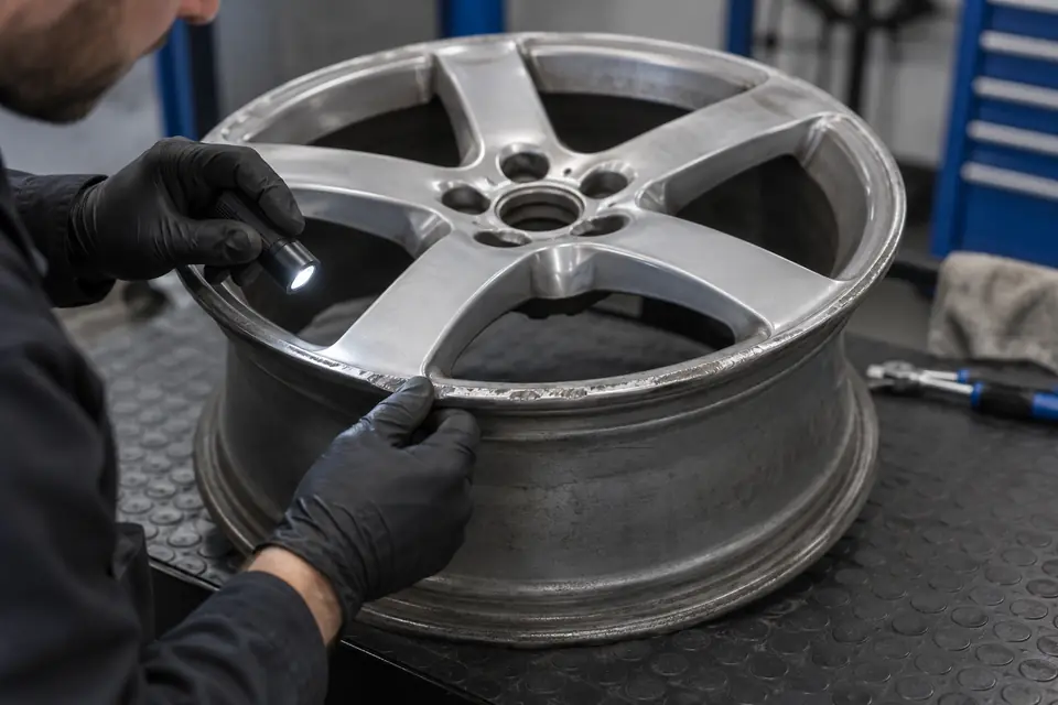 Illustration of an alloy wheel being inspected